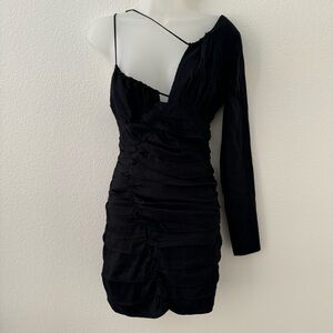 zara black one shoulder asymmetrical cutout long sleeve linen mini dress